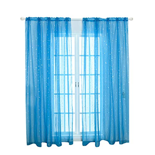 SEWACC Sheer Vorhänge Silber Glitter Sterne Sheer Fenstervorhänge Tülle Semi Transparent Fenster Vorhang Eleganter Vorhang Panel Set für Schlafzimmer Wohnzimmer (100 * 200 cm Blau) von SEWACC