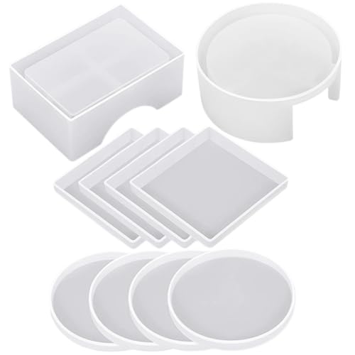 SEWACC Teiliges Silikon Gießform für Epoxidharz Untersetzer Rund und Eckig Flexible Geruchslose DIY Coaster Moulds mit Praktischem Halter für Kreative Bastelarbeiten und Langlebigen von SEWACC