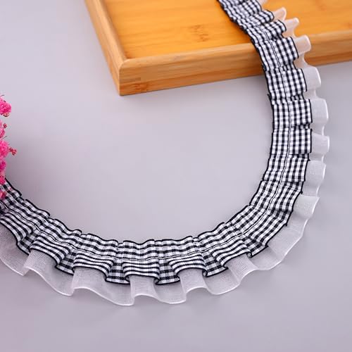 Gingham-Rüschen, 2-lagig, plissiert, Spitzenborte, 3,5 cm x 4,5 m, gerafftes Gingham-Band, Stoff-Rand, für Heimdekoration, Merch (schwarz) von SEWDIYTR