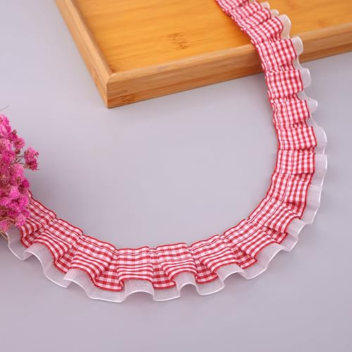 Gingham-Rüschen, 2-lagig, plissiert, Spitzenborte, 3,5 cm x 4,5 m, gerafftes Gingham-Band, Stoffkantenbesatz für Heimdekoration, Merch (rot) von SEWDIYTR