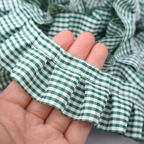 Gingham-Rüschen-Spitzenborte, 4,2 cm x 4,57 m, gerafftes Gingham-Band, Stoff-Rand, für Heimdekoration, Merch (grün) von SEWDIYTR