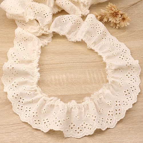 Rüschenborte mit Ösen, bestickt, Baumwolle, plissiert, Spitzenborte, 6 cm breit (Beige) von SEWDIYTR