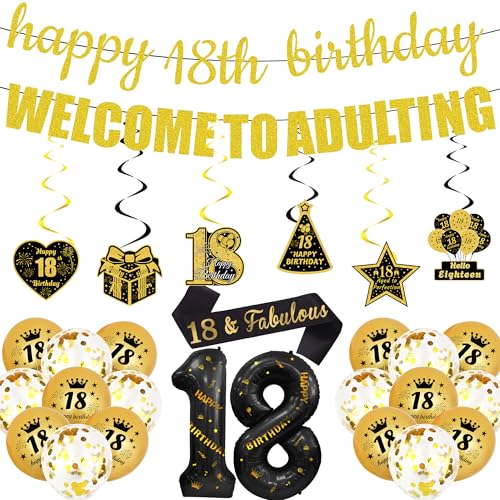 18. Geburtstag Dekorationen Jungen Gold – 31 Stück Happy 18th Birthday Dekorationen einschließlich Welcome To Adulting Banner, Zahl 18 Ballon, Konfetti Latex Ballons für 18 Jahre Alt Party Supplies von SEWIRUY