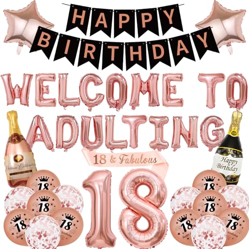 18. Geburtstag Dekorationen Mädchen Banner – 39 Stück Rose Gold Party Dekoration inklusive Welcome to Adulting Buchstabenballons Zahl 18 Folienballon 18 & fabelhafte Schärpe für Jungen Partyzubehör 18. Geburtstag Dekorationen Mädchen Banner – 39 Stück Rose Gold Party Dekoration inklusive Welcome to Adulting Buchstabenballons Zahl 18 Folienballon 18 & fabelhafte Schärpe für Jungen Partyzubehör von SEWIRUY
