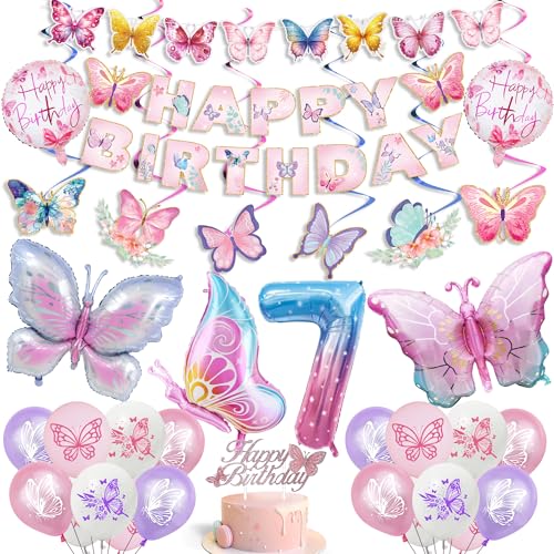 7. Geburtstag Dekorationen Schmetterling Luftballons - 28 Stück Fee Geburtstag Dekoration für Mädchen einschließlich Pastell Schmetterling Banner Gradient Nummer 7 Folienballon für Mädchen 7. Geburtstag Dekorationen Schmetterling Luftballons - 28 Stück Fee Geburtstag Dekoration für Mädchen einschließlich Pastell Schmetterling Banner Gradient Nummer 7 Folienballon für Mädchen von SEWIRUY