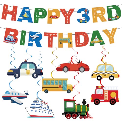 Auto-Dekoration zum 3. Geburtstag für Jungen – 10 Stück Transport-Themen-Dekoration, einschließlich "Happy 3rd Birthday"-Banner, Zug, Flugzeug, Feuerwehrauto, hängende Wirbel für 3 Jahre alte Jungen von SEWIRUY