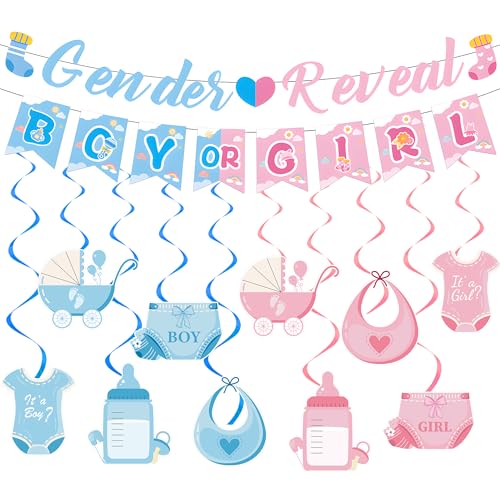 Babyparty-Dekoration – 12 Stück rosa und blaue Banner für Jungen oder Mädchen, Buchstabenbanner, Flaschenaufhängung, Wirbel für Jungen und Mädchen, Babyparty-Zubehör von SEWIRUY