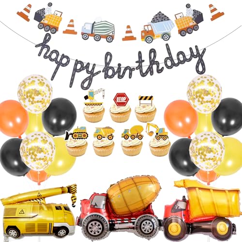 Bau Geburtstag Dekorationen Bagger Luftballons - 21 Stück Traktor Party Dekoration einschließlich Banner Cupcake Toppers Kipper Bagger Folienballon für 2. 3. Geburtstag Supplies Jungen von SEWIRUY