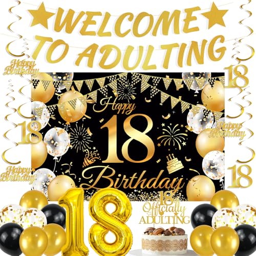 Dekoration zum 18. Geburtstag für Jungen und Mädchen, 25 Stück, Schwarz und Gold, Party-Dekorationen, inklusive goldenem Glitzer, Aufschrift "Welcome to Adulting", Banner "Happy 18th Birthday Dekoration zum 18. Geburtstag für Jungen und Mädchen, 25 Stück, Schwarz und Gold, Party-Dekorationen, inklusive goldenem Glitzer, Aufschrift "Welcome to Adulting", Banner "Happy 18th Birthday von SEWIRUY