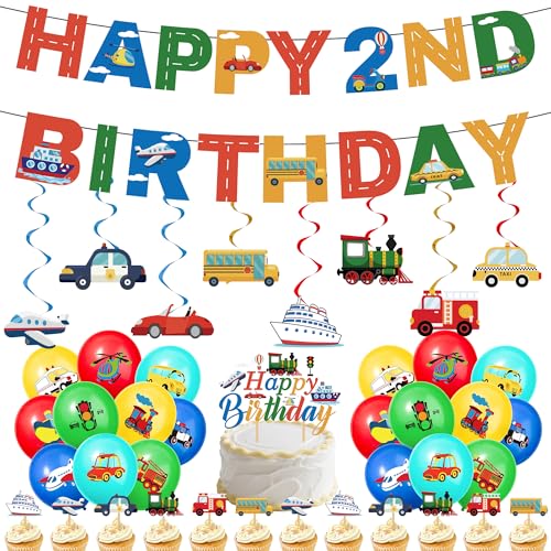 Dekoration zum 2. Geburtstag Junge Auto – 43 Stück Fahrzeug-Party-Themen-Luftballons, Kuchendekoration, Verkehrsbanner, hängende Wirbel, Jungen, Kinder, Happy Transportation, Partyzubehör für von SEWIRUY