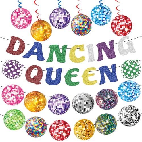 Discokugel-Dekorationen, Tanzende Königin, bunt, Partydekoration mit Banner und hängenden Wirbeln für 70er, 80er, 90er Jahre, Junggesellinnenabschied, Brautparty, Partyzubehör, 10 Stück von SEWIRUY