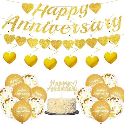 Happy Anniversary Dekorationen Hochzeit Luftballons – 19 Stück Goldene Hochzeit Jubiläum Dekorationen einschließlich Kuchen Topper Banner Herz hängende Gold Konfetti Latex Ballons für Valentinstag Happy Anniversary Dekorationen Hochzeit Luftballons – 19 Stück Goldene Hochzeit Jubiläum Dekorationen einschließlich Kuchen Topper Banner Herz hängende Gold Konfetti Latex Ballons für Valentinstag von SEWIRUY
