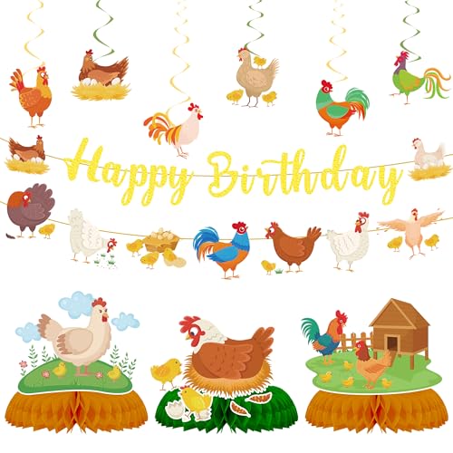 Hühner-Geburtstagsparty-Dekorationen, Banner – 11 Stück Bauernhof-Party-Dekoration, einschließlich gelber Happy Birthday-Banner, Hahn, hängende Wirbel, Waben-Mittelstücke für Tiermotive von SEWIRUY