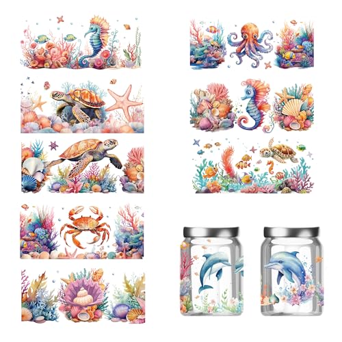 Ocean UV DTF Cup Wraps – 10 Blatt buntes Meerestier-Thema, UV-DTF für 473 ml Schildkröte, Seepferdchen, Muschel, Krabbe, UVDTF, Tassenwickel, wasserdicht, personalisierte Aufkleber für Glasbecher Ocean UV DTF Cup Wraps – 10 Blatt buntes Meerestier-Thema, UV-DTF für 473 ml Schildkröte, Seepferdchen, Muschel, Krabbe, UVDTF, Tassenwickel, wasserdicht, personalisierte Aufkleber für Glasbecher von SEWIRUY