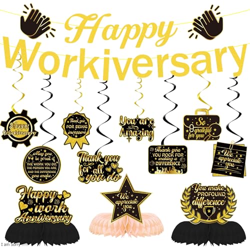 Party-Dekorationen "Happy Anniversary", goldfarben – 13 Stück, schwarzer Glitzer, Happy Workiversary Banner, hängende Wirbel, Dekorationen, Waben-Mittelstücke, Partyzubehör für Arbeit, Büroangestellte Party-Dekorationen "Happy Anniversary", goldfarben – 13 Stück, schwarzer Glitzer, Happy Workiversary Banner, hängende Wirbel, Dekorationen, Waben-Mittelstücke, Partyzubehör für Arbeit, Büroangestellte von SEWIRUY