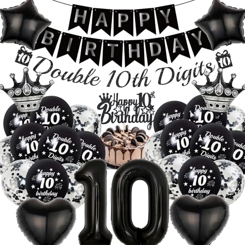 Party-Dekorationen zum 10. Geburtstag, Jungen, 31 Stück, doppelstellig, Partydekoration mit Banner, Sterne, Herz, Zahl 10, Folienballon, schwarze Latex-Luftballons, Tortenaufsatz für den zehnten Party-Dekorationen zum 10. Geburtstag, Jungen, 31 Stück, doppelstellig, Partydekoration mit Banner, Sterne, Herz, Zahl 10, Folienballon, schwarze Latex-Luftballons, Tortenaufsatz für den zehnten von SEWIRUY