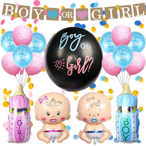 Party-Dekorationsset für das Geschlecht – 16 Stück Baby Junge Mädchen Flasche Folienballons Junge oder Mädchen Banner Blau und Rosa Latexballons für Babyparty Geschlecht Enthüllung Geburtstag Party von SEWIRUY