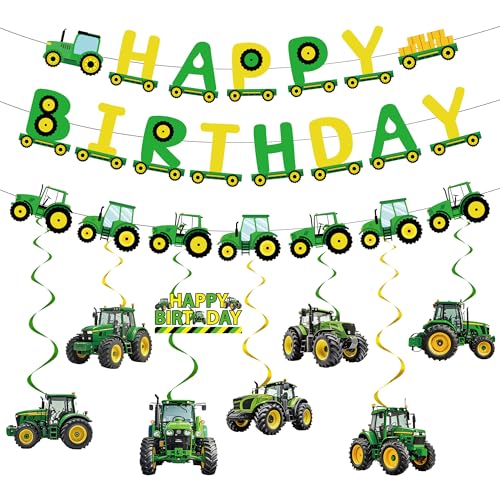 Traktor-Geburtstagsparty-Dekorationen, Banner – 11 Stück, grün, Happy Birthday, Wimpelkette, Bagger, hängende Wirbel für Bagger, Motto-Babyparty, 2. / 3. Geburt, Dekorationen für Jungen von SEWIRUY