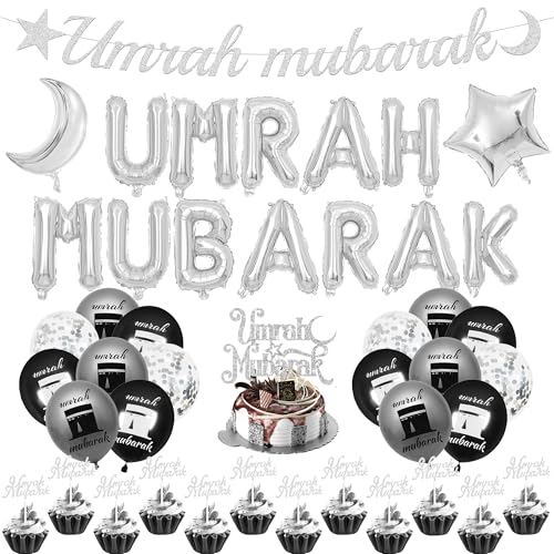 SEWIRUY Silbernes Umrah Mubarak Dekorationsset – 33 Stück: Buchstabenballon, Banner, Konfetti, Latex Ballons, Cupcake Kuchen Topper für Ramadan, Muslim, Eid, Umrah Mubarak Party Supplies von SEWIRUY