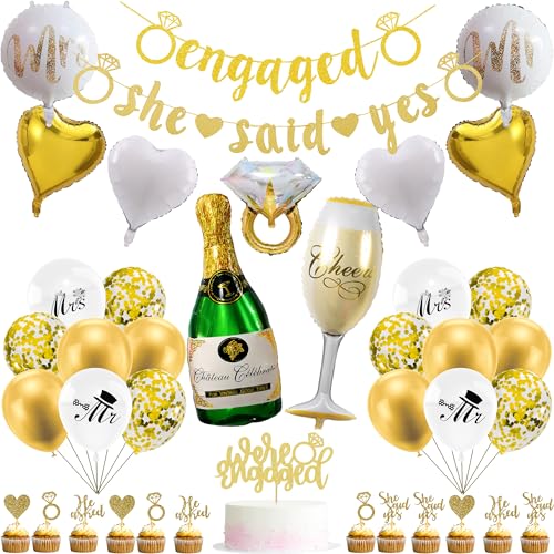 Verlobungsparty-Dekorationen, goldenes Glitzer-Engagement-Banner "She Said Yes", Girlande, Banner, Mylar-Luftballons, goldene Konfetti-Luftballons, Glitzerkuchenaufsätze für Brautparty, Verlobung, Verlobungsparty-Dekorationen, goldenes Glitzer-Engagement-Banner "She Said Yes", Girlande, Banner, Mylar-Luftballons, goldene Konfetti-Luftballons, Glitzerkuchenaufsätze für Brautparty, Verlobung, von SEWIRUY