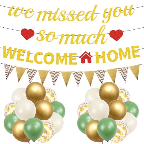 Welcome Home Decorations Balloons Banner - 28 Pcs Gold Welcome Home Banner, We Will Missed You-Banner, Salbeigrün Latexballon für Einweihungsparty, Heimkehr, Familie, Babyparty, Partyzubehör von SEWIRUY