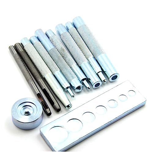 SEWOART 11 Stück Teiliges Lederhandwerk Druckknopf Werkzeug mit Solider Metallkonstruktion Lochstanzung Basis mit Breiten Extra Lange Griffe für Präzises Anbringen von Nieten und von SEWOART