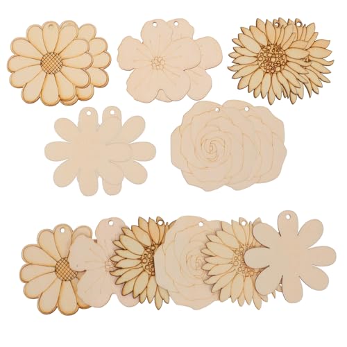 SEWOART 20 Stück Teiliges Holzblumenanhänger zum Basteln Unlackierte Holzblumen für DIY Projekte mit Juteschnur für Kinderhandwerk und Heimdekoration von SEWOART