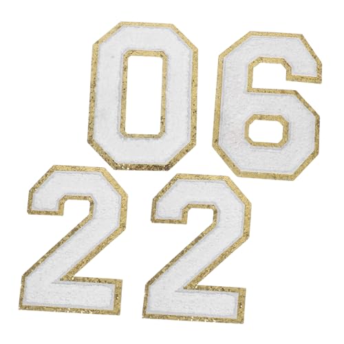 SEWOART 4 Stück Weiße Chenille-zahlen-patches mit Goldenem Rand zum Aufbügeln Polyester Zahlen für DIY Kleidung Schuluniformen Hüte Rucksäcke Einfache Anwendung Vielseitige Dekoration von SEWOART