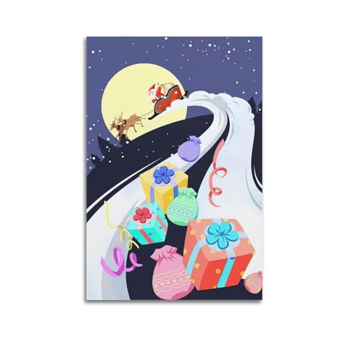 Weihnachtsposter mit Weihnachtsmann-Schlitten und Geschenkband, bunte Illustration, Heimdekoration, exquisite Leinwand-Kunstdrucke, Bild für Wohnzimmer, Schlafzimmer, hängende Wanddekoration, Flur Weihnachtsposter mit Weihnachtsmann-Schlitten und Geschenkband, bunte Illustration, Heimdekoration, exquisite Leinwand-Kunstdrucke, Bild für Wohnzimmer, Schlafzimmer, hängende Wanddekoration, Flur von SFXHHWG
