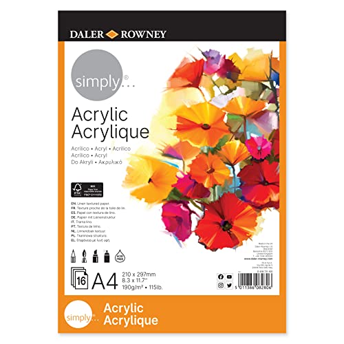 Daler-Rowney Simply Linen Texture 190 g/m² A4 Acrylpapierblock, einseitig geklebt, 16 weiße Blätter, ideal für professionelle Künstler und Studenten von SG Education