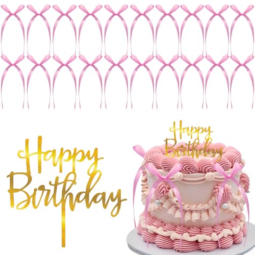 SGQTZDZQ Tortenaufsatz mit Schleife, rosa Schleifen für Kuchendekoration, mit 20 Schleifenbändern und 1 Happy Birthday-Schild für Geburtstag, Hochzeit, Party (Rosa) von SGQTZDZQ