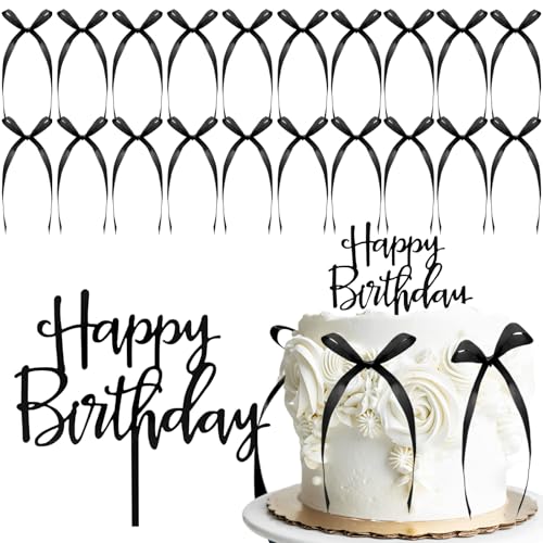 SGQTZDZQ Tortenaufsatz mit Schleife, schwarze Schleifen für Kuchendekoration, mit 20 Schleifenbändern und 1 Happy Birthday-Schild für Geburtstag, Hochzeit, Party (schwarz) von SGQTZDZQ