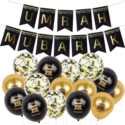 SGQTZDZQ Umrah Mubarak Dekorationsset Banner Cake Topper 15 Stück Luftballons Karte mit Premium-Qualität für Haltbarkeit Exquisite Dekoration für Ihre Umrah-Party von SGQTZDZQ