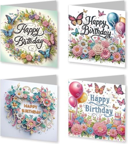 Diamond Painting Karten - 4 Stück - Komplettes Hobbypaket - Runde Strasssteine - Happy Birthday von SGSspecial