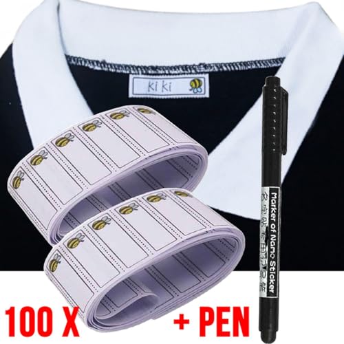 LaGloss® Set Textile Namensetiketten GELB BEI - Waschbare Kleidung Etiketten - Kinderkleidung Namensmarken - Aufbügeln Namensschilder - SET 100 Stück + Stift Schwarz von SGSspecial
