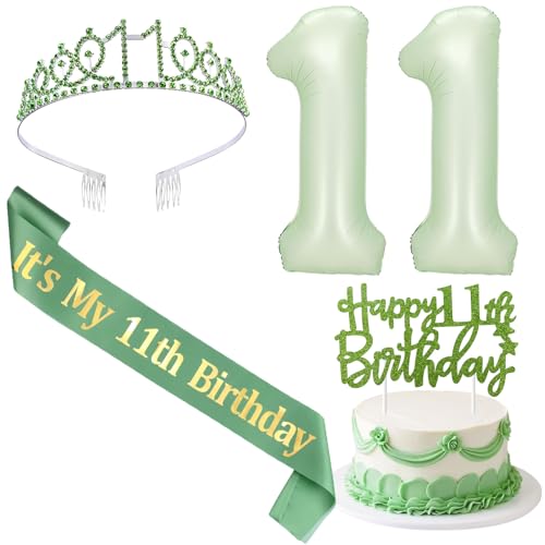 SHADOAMP 11th Happy Birthday Dekorationen für Mädchen, einschließlich salbeigrün Folienballon Zahl 11, Glitzer Kuchen Topper, 11. Geburtstag Schärpe und Tiara für 11 Jahre altes Mädchen Geburtstag von SHADOAMP