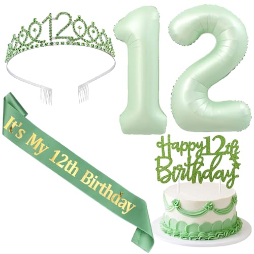 SHADOAMP 12th Happy Birthday Dekorationen für Mädchen, einschließlich Salbeigrün Folienballon Zahl 12, Glitzer Kuchen Topper, 12. Geburtstag Schärpe und Tiara für 12 Jahre altes Mädchen Geburtstag von SHADOAMP