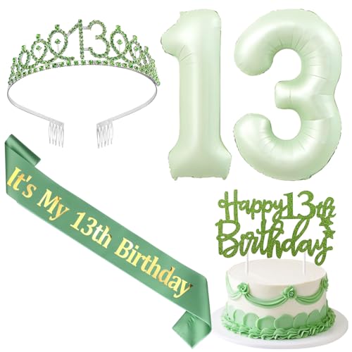 SHADOAMP 13th Happy Birthday Dekorationen für Mädchen, einschließlich salbeigrün Folienballon Zahl 13, Glitzer Kuchen Topper, 13. Geburtstag Schärpe und Tiara für 13 Jahre altes Mädchen Geburtstag von SHADOAMP