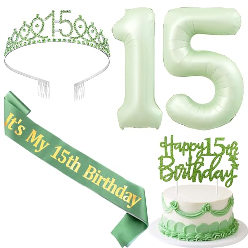 SHADOAMP 15th Happy Birthday Dekorationen für Mädchen, einschließlich salbeigrün Folienballon Zahl 15, Glitzer Kuchen Topper, 15. Geburtstag Schärpe und Tiara für 15 Jahre altes Mädchen Geburtstag von SHADOAMP