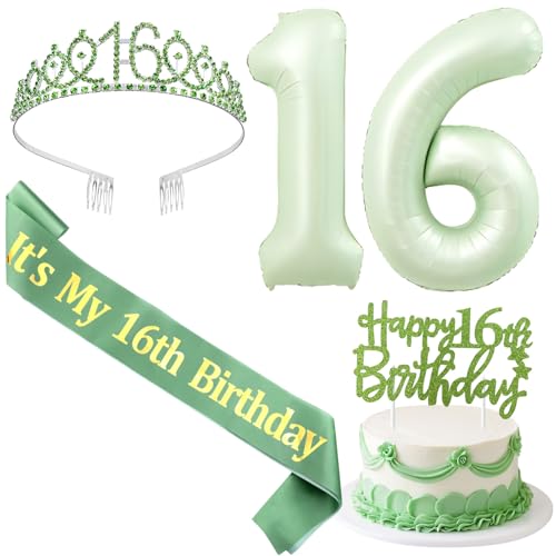 SHADOAMP 16th Happy Birthday Dekorationen für Mädchen, einschließlich Salbeigrün Folienballon Zahl 16, Glitzer Kuchen Topper, 16. Geburtstag Schärpe und Tiara für 16 Jahre altes Mädchen Geburtstag von SHADOAMP