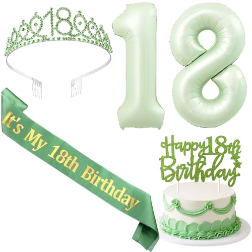 SHADOAMP 18th Happy Birthday Dekorationen für Mädchen, einschließlich salbeigrün Folienballon Zahl 18, Glitzer Kuchen Topper, 18. Geburtstag Schärpe und Tiara für 18 Jahre altes Mädchen Geburtstag von SHADOAMP