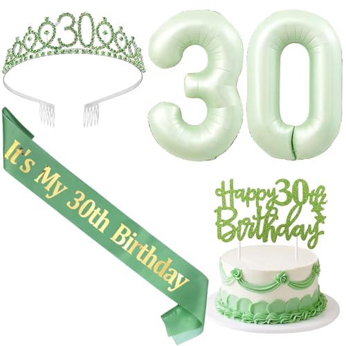 SHADOAMP 30 Happy Birthday Dekorationen für Frauen, einschließlich Salbeigrün Folienballon Zahl 30, Glitzer Cake Topper, 30 Geburtstag Schärpe und Tiara für 30 Jahre alte Frauen Geburtstag von SHADOAMP