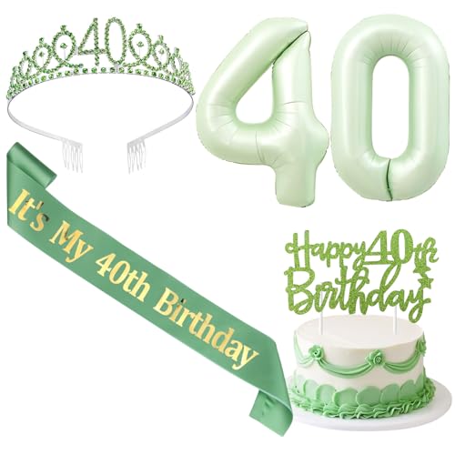 SHADOAMP 40 Happy Birthday Dekorationen für Frauen, einschließlich Salbeigrün Folienballon 40, Glitzer Cake Topper, 40 Geburtstag Schärpe und Tiara für 40 Jahre alte Frauen Geburtstag Dekorationen von SHADOAMP