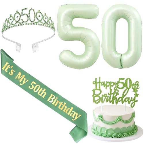 SHADOAMP 50 Happy Birthday Dekorationen für Frauen, einschließlich Salbeigrün Folienballon Zahl 50, Glitzer Cake Topper, 50 Geburtstag Schärpe und Tiara für 50 Jahre alte Frauen Geburtstag von SHADOAMP