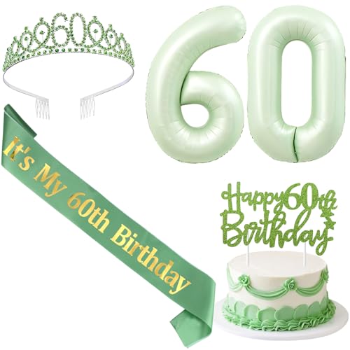 SHADOAMP 60 Happy Birthday Dekorationen für Frauen, einschließlich Salbeigrün Folienballon Zahl 60, Glitzer Cake Topper, 60 Geburtstag Schärpe und Tiara für 60 Jahre alte Frauen Geburtstag von SHADOAMP