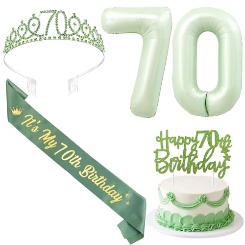 SHADOAMP 70 Happy Birthday Dekorationen für Frauen, einschließlich Salbeigrün Folienballon 70, Glitzer Cake Topper, 70 Geburtstag Schärpe und Tiara für 70 Jahre alte Frauen Geburtstag Dekorationen von SHADOAMP