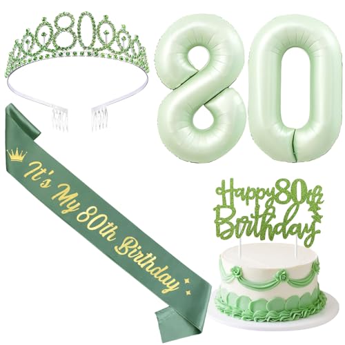 SHADOAMP 80 Happy Birthday Dekorationen für Frauen, einschließlich Salbeigrün Folienballon Nummer 80, Glitzer Cake Topper, 80 Geburtstag Schärpe und Tiara für 80 Jahre alte Frauen Geburtstag von SHADOAMP