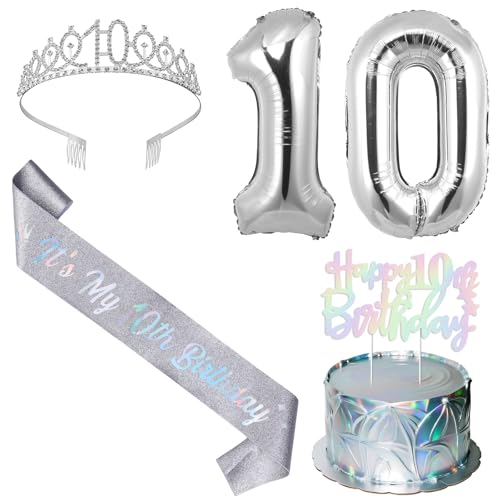 SHADOAMP Happy 10th Birthday Decorations for Girl, Including Silver 10th Bday Tiara, Number 10 Foil Balloon, Iridescent Cake Topper, and It's My 10th Birthday Sash for 10 Year Old Girl Bday Decors von SHADOAMP