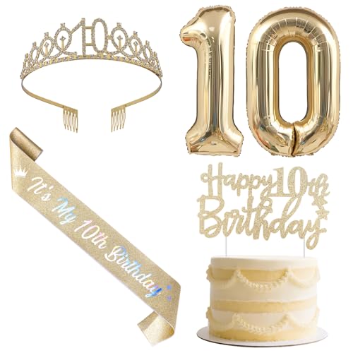 SHADOAMP Happy 10th Birthday Decorations for Girls, Including Gold Number 10 Foil Balloon, Glitter Cake Topper, 10th Birthday Sash and Tiara for 10 Year Old Girl Bday Decorations von SHADOAMP