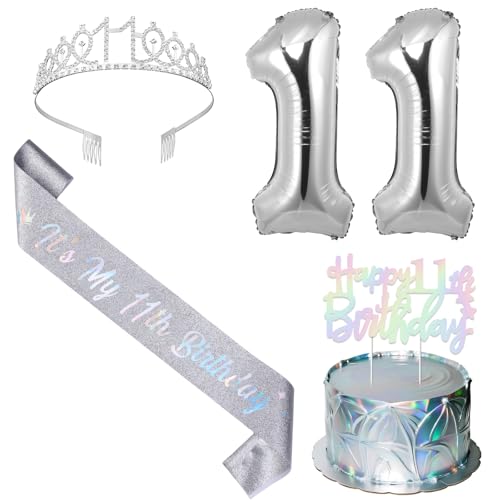 SHADOAMP Happy 11th Birthday Decorations for Girl, Including Silver 11th Bday Tiara, Number 11 Foil Balloon, Iridescent Cake Topper, and It's My 11th Birthday Sash for 11 Year Old Girl Bday Decors von SHADOAMP